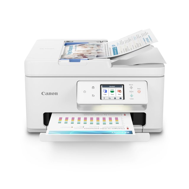 canon pixma tr7820 - impresora inalámbrica todo en uno para el hogar blanca, vista frontal centrada con bandeja de salida desplegada; cuerpo compacto con panel LCD táctil de 2.7" visible, alimentador automático superior y hojas impresas a todo color saliendo por la bandeja frontal; a menudo usada como opción compacta para espacios de trabajo en casa.