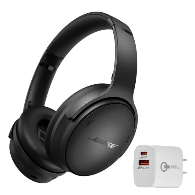 auriculares inalámbricos bose quietcomfort con cancelación de ruido y micrófono Auriculares circumaurales negros en vista 3/4 con diadema acolchada y almohadillas suaves; copas con logo Bose y controles visibles, puerto USB-C; incluye cargador de pared USB-C/USB-A blanco. Diseñados para cancelación de ruido, modos Silencioso y Consciente, hasta 24 horas de batería y SimpleSync para ver TV.