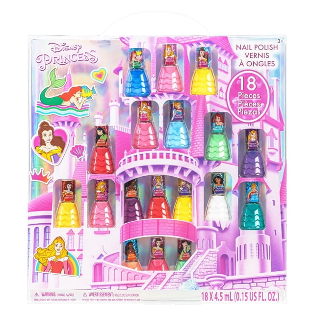 set de esmaltes de uñas townley girl disney princess castlebox, 18 unidades, caja frontal con 18 botellas surtidas (rosas, amarillo, verde, naranja, azul cielo, azul oscuro, rojo, blanco, morado) con tapas decoradas con personajes como Cenicienta, Ariel y Bella, caja ilustrada con castillo rosa y accesorios visibles (separadores de dedos y lima); apto como recuerdos de fiesta o para días de spa infantiles.