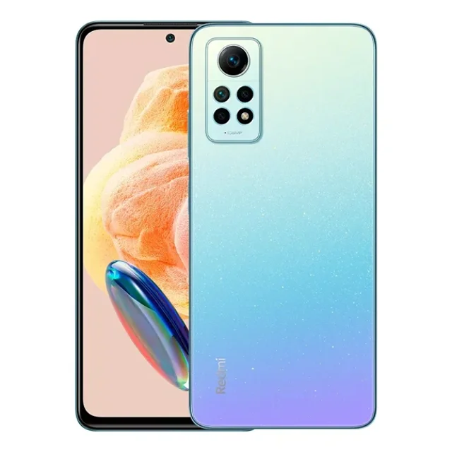 xiaomi redmi note 12 pro 4g 8gb ram 256gb star blue smartphone desbloqueado, vista frontal y posterior; pantalla AMOLED 6.67" FHD+ con orificio para selfie y tasa 120Hz, posterior degradado azul con módulo rectangular de cuatro cámaras liderado por sensor 108MP, lector de huellas lateral, parlantes stereo y batería 5000 mAh; también suele usarse como dispositivo multimedia portátil para streaming y gaming ligero.
