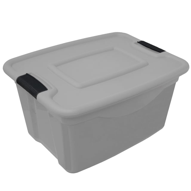 caja organizadora plastictrends miami 19 litros gris 3/4 frontal de caja plástica gris con tapa encajada y dos broches negros, asas integradas en los laterales; rectangular, ideal para almacenamiento en closet o cuarto de lavado, uso multiusos.