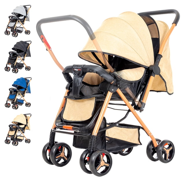 carriola bebe plegable de paseo infantil compacta reclinable Multicolor SELECTSHOP vista 3/4 frontal de carriola con bastidor metálico dorado, toldo reclinable beige, asiento con arnés de 5 puntos y barra frontal acolchada negra, ruedas dobles con suspensión y canasto inferior de malla; a menudo usada como opción compacta para viajes cortos.
