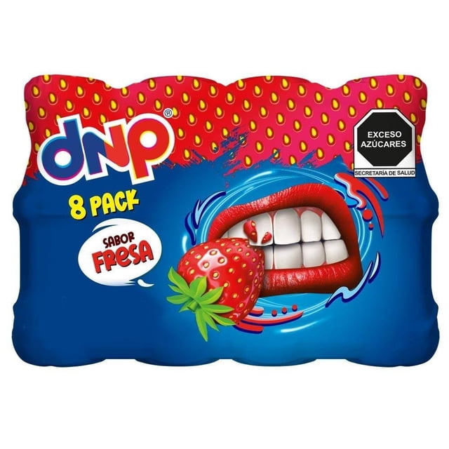 alimento lácteo fermentado bebible danup sabor fresa 8 pzas de 220 g c/u paquete frontal con fondo azul y rojo punteado; logotipo DANUP, texto amarillo “8 PACK”, etiqueta negra de advertencia “EXCESO AZÚCARES”, ilustración de labios rojos mordiendo una fresa y burbuja blanca con texto “sabor fresa”.