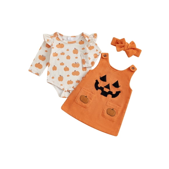 Conjunto de 3 piezas para bebé niña: pelele de manga larga con volantes de calabaza y diadema, ideal para Halloween.
