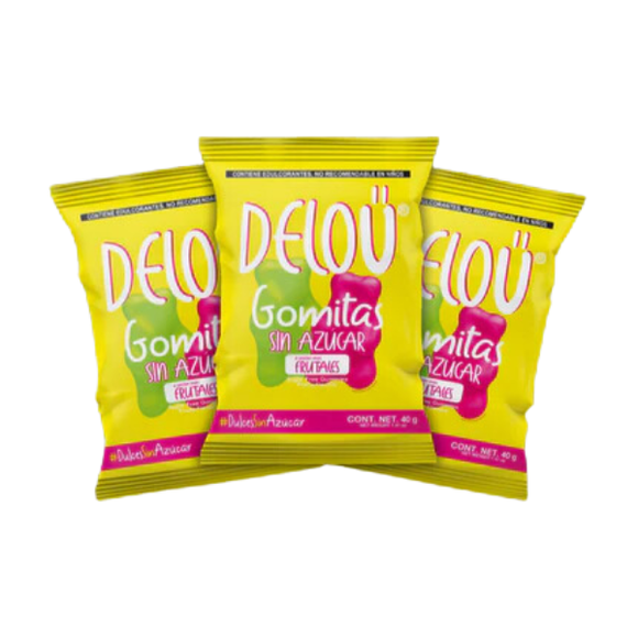 Gomitas sin azúcar Delou sabores frutales Pack 12 piezas