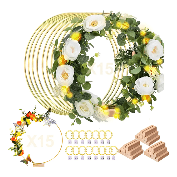 15 pzs Centro De Mesa Con Forma De Aro Floral Metal Boda 30cm Malubero, Dorado