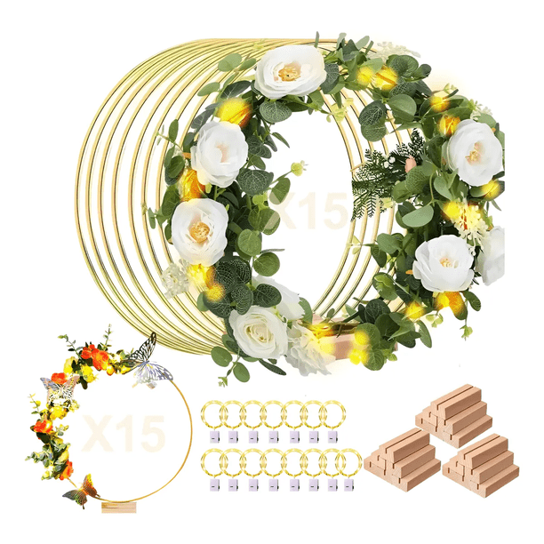 15 pzs Centro De Mesa Con Forma De Aro Floral Metal Boda 30cm Malubero, Dorado