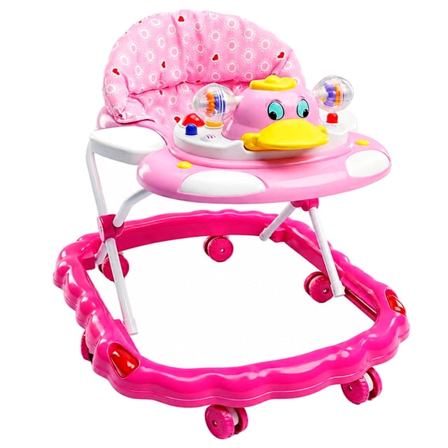 andadera aeiou pato rosa 2 niveles 8 ruedas tablero musical desmontable Andadera infantil rosa 3/4 frontal con base ovalada y 8 ruedas para mejor desplazamiento; asiento acojinado rosa con estampado de círculos, desmontable y lavable; tablero musical con figura de pato y botones desmontable. Ajustable a 2 alturas y plegado compacto para transporte; a menudo usada para fomentar movilidad y estimulación sensorial del bebé.