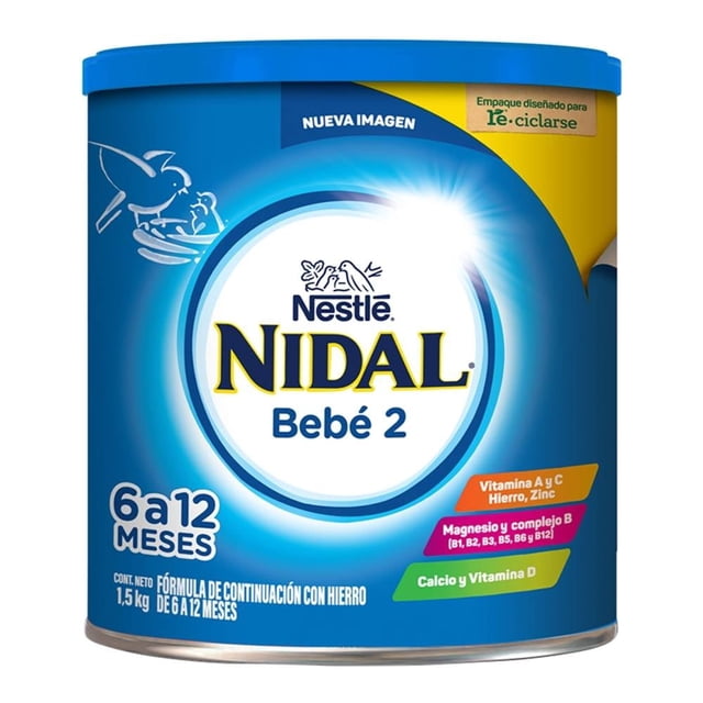 fórmula de continuación nidal bebé 2 de 6 a 12 meses 1.5 kg lata, fórmula infantil en polvo; vista frontal centrada del envase azul con logo NIDAL Bebé 2, texto "6 a 12 meses" y etiquetas que indican vitaminas A y C, hierro y zinc, magnesio y complejo B, calcio y vitamina D.