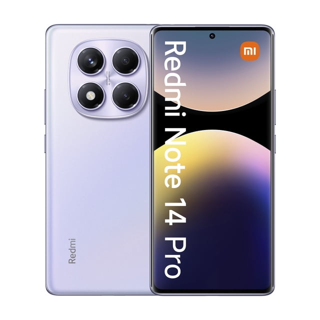 xiaomi redmi note 14 pro 8gb 256gb morado, smartphone en vista frontal y trasera. Pantalla AMOLED de 6.67" con cámara frontal en orificio central; trasera púrpura con módulo circular de cuatro lentes (200MP+8MP+2MP) y logotipo Redmi. 8GB RAM, 256GB, Dual SIM, lector de huellas óptico debajo de la pantalla y batería de 5500 mAh; a menudo usado para fotografía móvil y multimedia por su sensor principal de alta resolución.