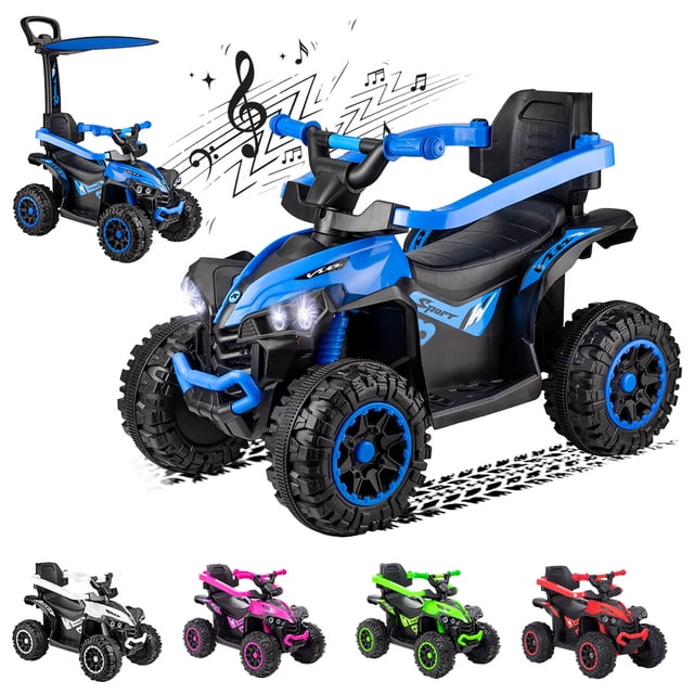 carro eléctrico con bastón montable mini infantil con luz Azul 2 en 1, vista 3/4 frontal de cuatrimoto infantil con asiento único y volante, bastón direccionable con mango alto, faros LED encendidos, parachoques delantero y ruedas todoterreno con aros azules; incluye cubierta solar y barandillas de seguridad desmontables, puerto USB, conexión Bluetooth y reproductor musical; uso manual con bastón o eléctrico con arranque y freno gradual, a menudo adecuado para paseos supervisados en patios y aceras planas.