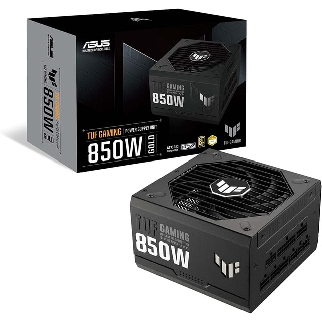 fuente de poder asus tuf-gaming-850g 850w 80plus gold modular asus vista angular frontal de unidad ATX negra con ventilador superior, carcasa con texto '850W' y logo TUF, panel modular con conectores MB 24/20 pines, CPU 4+4 pines, PCI‑E, SATA y periféricos; caja del producto al fondo; adecuada para PC gaming y sistemas compatibles con ATX 3.0. También suele usarse para pruebas de banco de componentes y montajes compactos.
