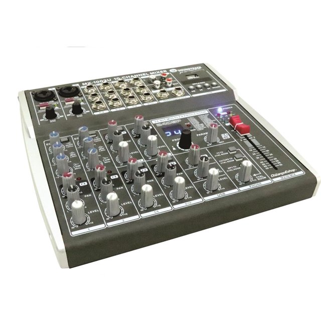 mezcladora 10 canales soundtrack dsp bt mp3 mx-1002u soundtrack ch4749mx-1002u, mesa de mezclas compacta color Gris en vista 3/4 frontal con perillas de ganancia y ecualización, faders, entradas XLR/TRS y controles digitales con pantalla pequeña; también suele usarse para mezclar audio en transmisiones caseras o eventos pequeños.