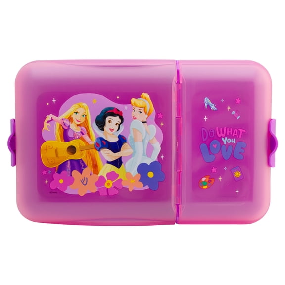Contenedor de Alimentos Rectangular de Plástico, Lunch Box Escolar con 2 Divisiones, Personajes Animados, Cenicienta, Rapunzel y Blanca Nieves, Princesas Disney
