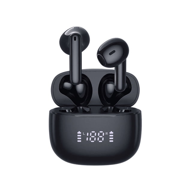audífonos bluetooth harmony binden semi in-ear bnc negro Audífonos semi in-ear negros Binden Harmony con estuche de carga abierto, vista frontal centrada; dos auriculares con tallo vertical en cavidades del estuche, acabado plástico negro con zonas reflectantes; pantalla LED frontal muestra indicador de batería y barras; rejillas de micrófono y controles touch visibles. Especificaciones clave: Bluetooth 5.3, cancelación de ruido activa BNC y hasta 6 horas de reproducción; adecuados para llamadas manos libres.