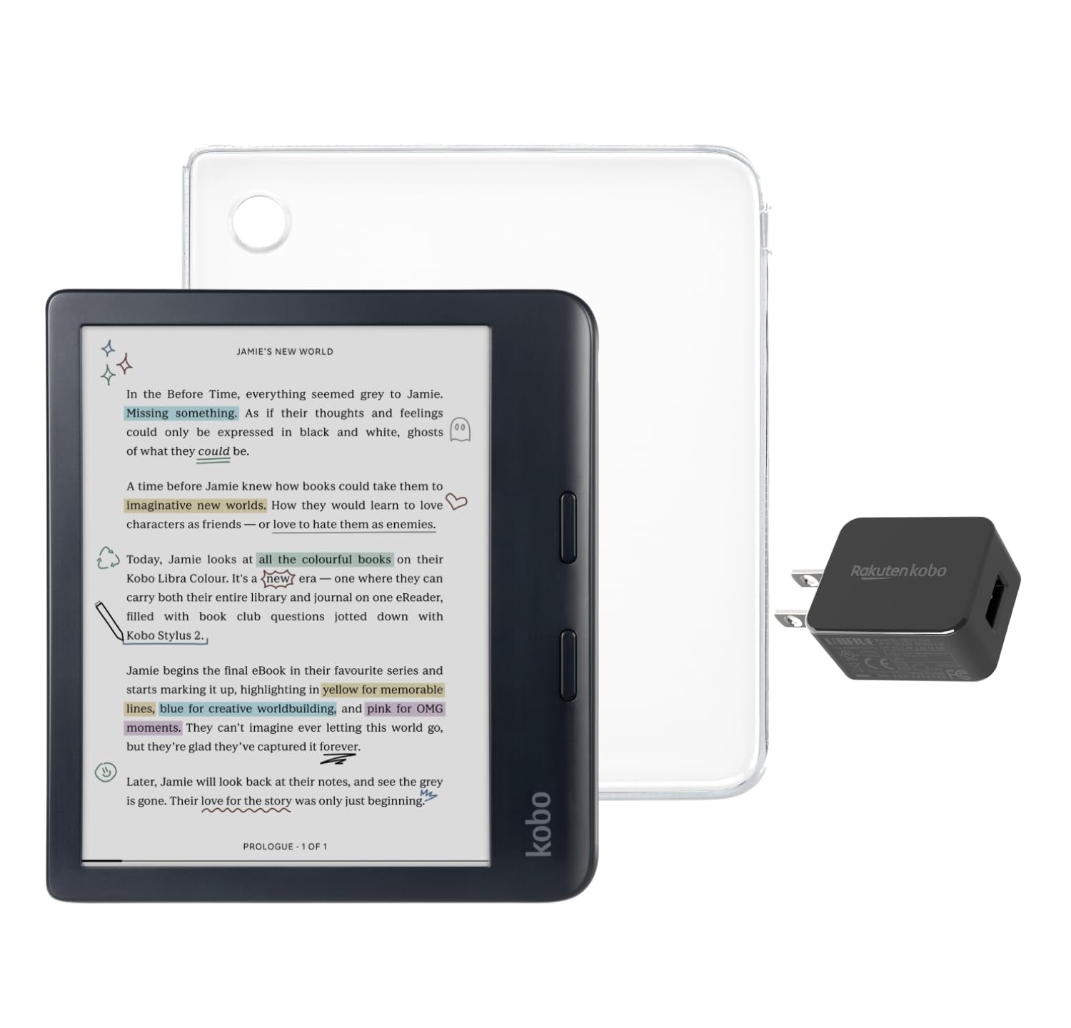 eReader Kobo Libra de color negro con paquete de funda y adaptador de corriente alterna