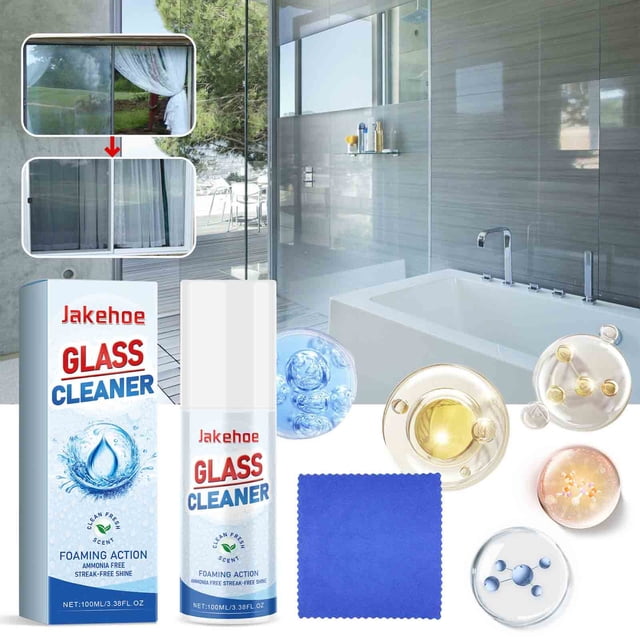 glass cleaner clean glass impurities stubborn stains glass mirror crystal shining 100ml Botella LADIGASU 100 ml blanca y azul con etiqueta "GLASS CLEANER", toalla microfibra azul y caja; vista frontal en baño con mampara de vidrio y recuadros antes/después mostrando ventanas. Se muestra uso en ventanas y espejos; a menudo se usa también para limpiar pequeños cristales.