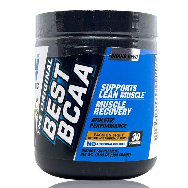 best bcaa 300 grs bpi passion fruit 30 servicios frasco frontal en etiqueta azul y negra; suplemento en polvo BPI Sports 300 g (30 servicios) que muestra 2,500 mg leucina, 1,250 mg isoleucina y 1,250 mg valina; vista centrada del envase plástico con tapa roscada sobre fondo blanco. También suele usarse como apoyo de aminoácidos esenciales en regímenes de entrenamiento.