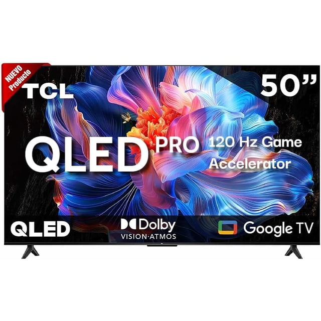 televisor mod. 50q5k 4k smart qled google tv pantalla QLED 50" en negro, vista frontal centrada con bisel ultra slim y patas en V; muestra imagen 4K HDR colorida, textos 'QLED PRO 120 Hz Game' y logotipos Dolby Vision‑Atmos y Google TV visibles; compatible con control por voz Hands Free y asistentes Hey Google y Alexa, ideal también para gaming avanzado.