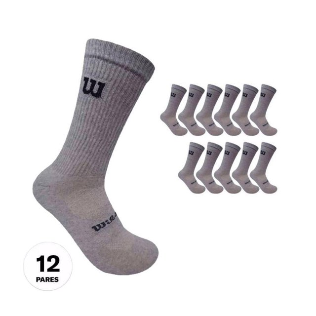 calceta wilson para hombre unitalla 12 pares Pack de 12 calcetas Wilson para hombre color gris jaspe, vista frontal de una calceta alta con canalé y logo 'W' en tobillo, tejido de poliéster que absorbe la humedad, costuras suaves que evitan fricción, punta y talón visibles y elástico antideslizante; conjunto sobre fondo blanco, adecuada para deporte, trabajo y uso diario, también frecuentemente usada para senderismo o fitness.