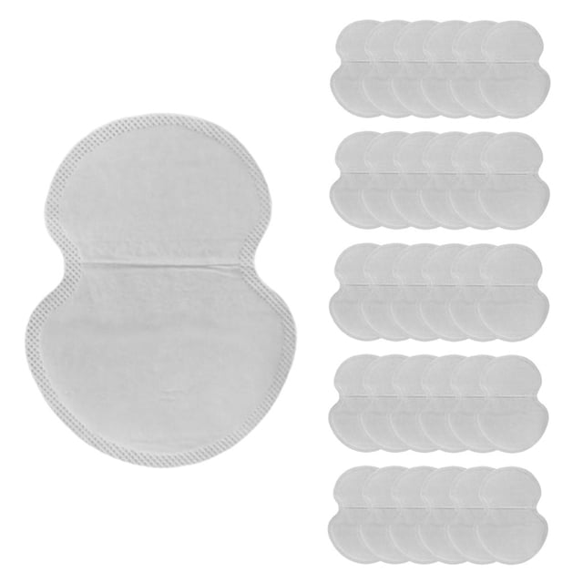 almohadillas antitranspirantes zulema para sudor 30 piezas pack blanco, vista frontal con una almohadilla ampliada y la disposición de las 30 piezas; almohadilla desechable para axilas de forma doble ovalada con pliegue central, superficie tejida blanca, borde troquelado y respaldo adhesivo visible, diseño para protección axilar y bloqueo de sudor, tamaño aproximado 12.2 cm.