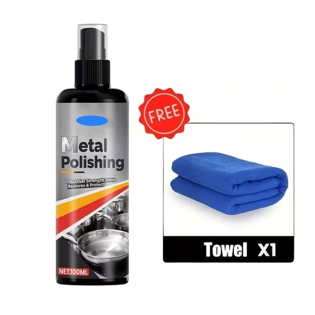 Spray pulidor de metales 50 ml – Elimina grasa quemada y óxido para ollas, sartenes, acero inoxidable, hierro, aluminio y piezas metálicas de automóviles + toalla
