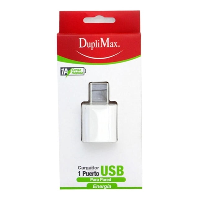cargador de pared duplimax con 1 puerto usb mod. 304070 blanco, empaque frontal que muestra cargador blanco compacto con un puerto USB y clavija visible, caja blanca y roja con logo DupliMax y etiqueta "1A Carga Rápida"; adecuado para cargar smartphones y tablets y también suele usarse para mantener accesorios USB pequeños listos al viajar.