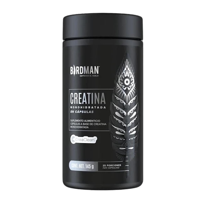 creatina monohidratada 125 cápsulas 25 porciones birdman Frasco negro frontal con etiqueta que muestra 'CREATINA MONOHIDRATADA en cápsulas', logo Birdman, ilustración de pluma y leyenda 25 porciones (125 cápsulas) y cont. neto 145 g; sin sabor, suplemento alimenticio; a menudo usado por deportistas antes o después del entrenamiento según indicaciones de la etiqueta.