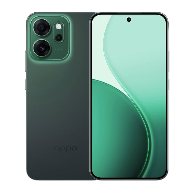 smartphone oppo reno 14f verde 256 gb att vista frontal y trasera; pantalla LCD grande de 6.7" con cámara frontal perforada de 32 MP, respaldo verde mate con módulo triple y lente principal de 50 MP, logo OPPO visible, 12 GB RAM, 256 GB ROM, batería 6000 mAh y procesador Qualcomm a 2.0 GHz; apto para multitarea y entretenimiento móvil.