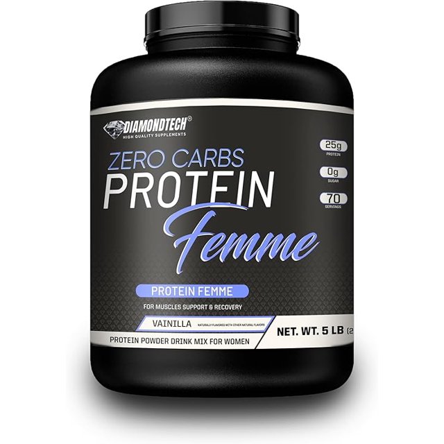 proteína femme diamondtech mujer whey zero carbs 5lbs con colágeno hidrolizado vainilla — Envase frontal negro de 5 lb con etiqueta gris y morada que muestra "Zero Carbs Protein Femme"; indica 25 g proteína por servicio, 0 g azúcar, 70 servicios, sabor vainilla y marca Diamondtech. A menudo usada como suplemento proteico para apoyar rutinas de entrenamiento.
