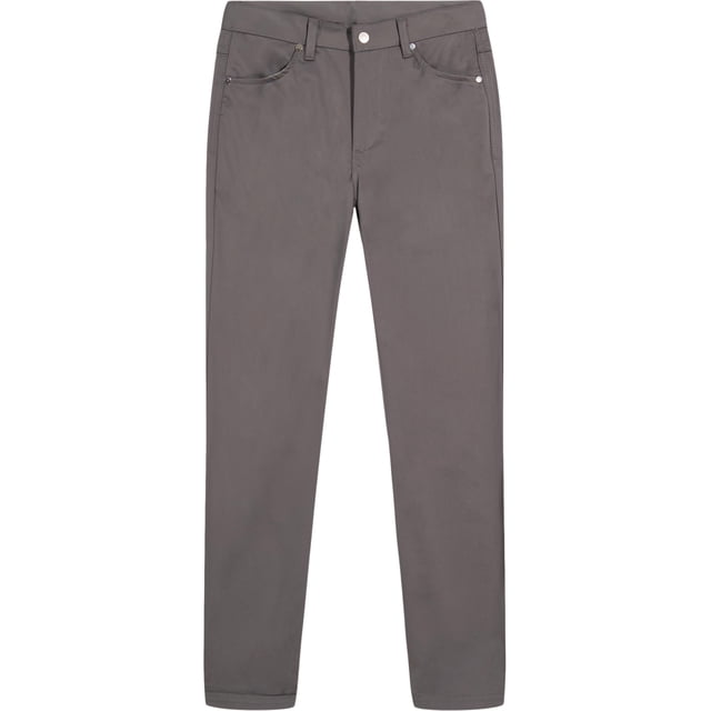 pantalones izod, uniforme escolar para niños, parte delantera plana, sarga, color gris, talla 8 pantalón de sarga gris con frente plano, vista frontal centrada; cintura con cierre y trabillas, cintura ajustable interna, 5 bolsillos con remaches metálicos, corte recto hasta el tobillo y tela con elasticidad visible en pliegues leves. Apto como uniforme escolar aprobado y a menudo usado también para actividades escolares cotidianas.
