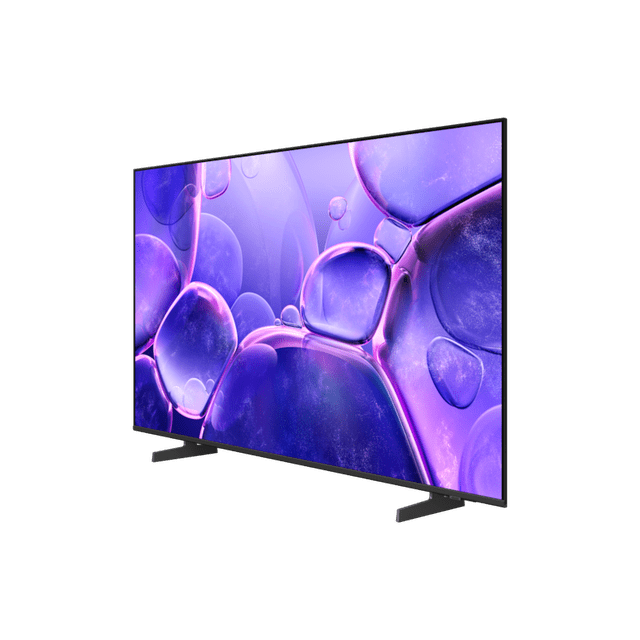 pantalla 50'' samsung crystal u8200f 4k smart tv (2025) televisor negro 50" en vista 3/4 frontal con marco delgado sin bordes en tres lados y peana en V; pantalla muestra gráficos púrpuras; Smart TV con Tizen, 4K UHD y conectividad HDMI/USB, ideal para salas y entornos comerciales; a menudo usado también como señalización digital.