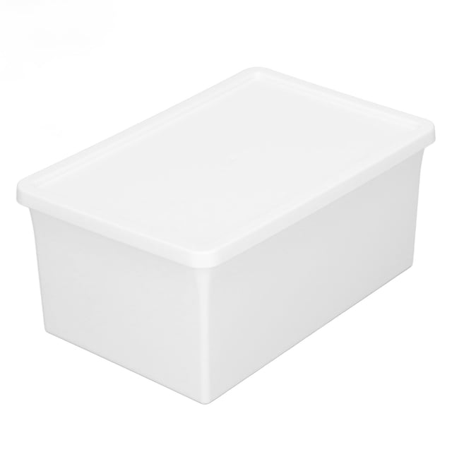 caja de almacenamiento de escritorio de plástico buyweek suministros de almacenamiento aspecto llamativo multicolor — vista 3/4 frontal de caja rectangular de plástico con tapa ajustada y superficie lisa, lados rectos y borde superior reforzado; ideal para organizar accesorios de escritorio, clasificar artículos pequeños y usar como contenedor de uso doméstico; incluye etiqueta adhesiva para identificación.