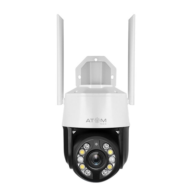 cámara inteligente wi-fi ptz exterior con zoom 18x Atom Tech, vista frontal centrada de domo PTZ blanco con dos antenas, lente central rodeada por LEDs y anillo IR, carcasa montable, zoom óptico 20X, giro 360°, micrófono y altavoz integrados, control por app Tuya y automatizaciones; adecuada para vigilancia de entradas y perímetros.