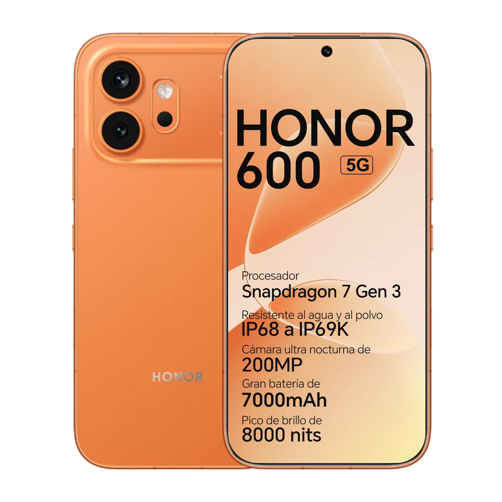 Smartphone HONOR 600 5G 16GB(8+8) 256GB Snapdragon 7 Gen 4 Cámara 200MP Pantalla AMOLED 6.57" Batería 7000mAh Carga 80W, Naranja(Versión Mexicana)