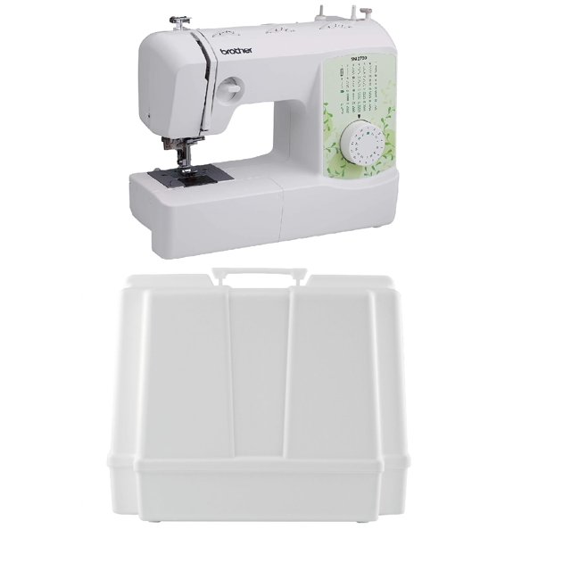 máquina de coser brother sm2700 de 27 puntadas con funda rígida 5300a, frontal y funda; máquina de brazo libre blanca con panel de puntadas verde claro y dial, aguja y área de trabajo iluminada por LED, 27 puntadas integradas y ojal de un solo paso indicados en el panel; funda rígida de plástico blanco con asa superior y cierres metálicos, compatible con máquinas hasta 16.26 x 6.65 x 12.21 pulgadas; también suele usarse para transportar accesorios de costura en viajes cortos.