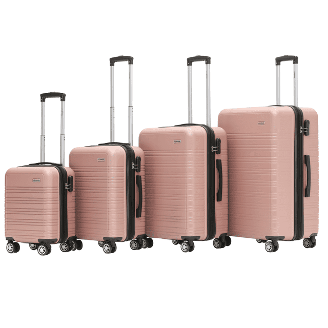 set de 4 maletas compass montevideo color rosa con ruedas 360° vista frontal de cuatro maletas ABS rosa alineadas por tamaño con líneas horizontales moldeadas, ruedas dobles giratorias 360°, mango telescópico ajustable en 3 alturas y asas superior y lateral visibles; medidas 28": 51×33×76.5 cm, 24": 44.5×26.5×65.5 cm, 20": 39×27.5×56.5 cm, 16": 34.5×23×47.5 cm. Ideal también como set compacto para organizar material de viaje o transporte de equipo pequeño.