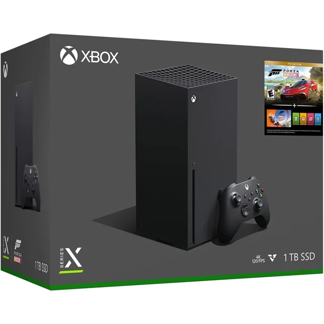 consola xbox series x 1tb forza horizon 5 bundle Consola Xbox Series X negra vertical con 1TB SSD mostrada frontalmente, control inalámbrico negro al frente, caja del bundle con arte de Forza Horizon 5 visible y nota de cables HDMI y de alimentación incluidos.