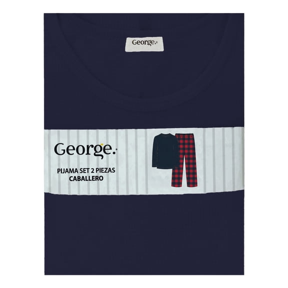 Pijama George para Caballero Set Playera Manga Larga con Pantalón Estampado Cuadros Marino Talla G 2 Piezas.