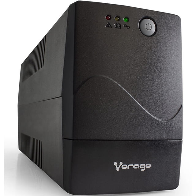no-break vorago 800va/480w ups-301 con 6 contactos UPS torre negro, vista frontal con botón de encendido, tres LEDs de estado y logo Vorago; capacidad 800VA/480W y seis tomas de salida, adecuado para proteger computadoras y, a menudo, para mantener routers o equipos de red durante cortes.