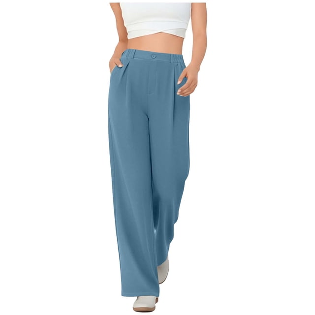 Amzcrzy Pantalones Vestir Mujer Color Liso S-2XL - Cintura Alta Elástica, Pliegues Frontales, Sin Cremallera, Bolsillos, Para Trabajo Azul