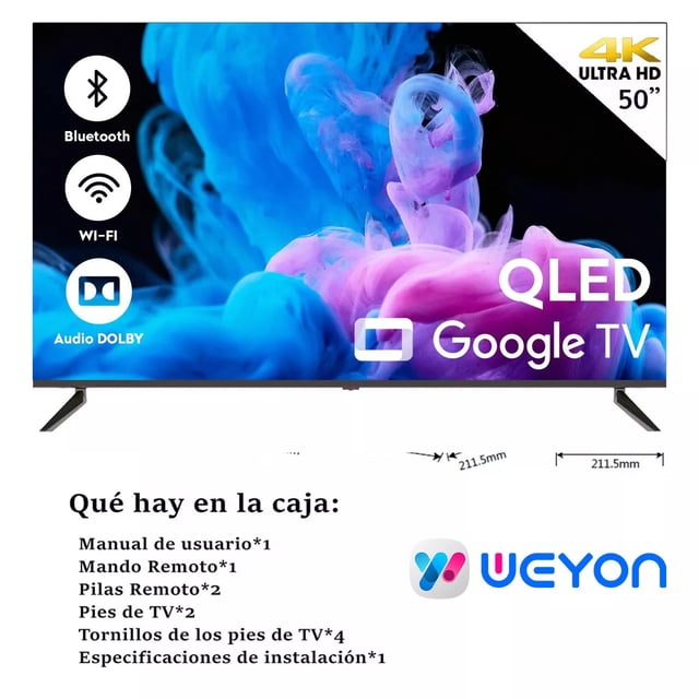 smart tv pantalla 50 pulgadas cuory google tv 4k uhd qled Negro, vista frontal centrada con bisel delgado y patas soporte; pantalla muestra gráficos coloridos y logos Google TV, QLED, Bluetooth, Wi‑Fi y Audio Dolby; texto inferior indica contenidos de la caja y medidas del pie.