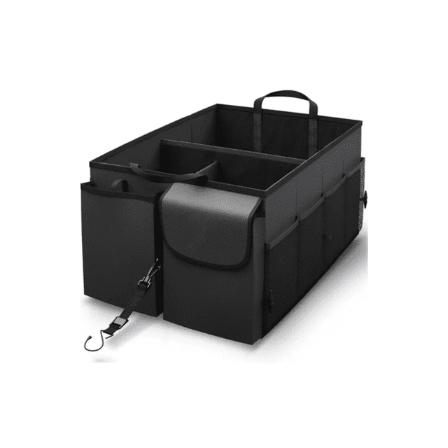 organizador de cajuela auto carro interior coche accesorios negro LAB.G con gran compartimento izquierdo y lado derecho con divisor creando dos secciones; cuatro bolsillos de malla, bolsillo lateral con solapa y bolsillo grande sin solapa; dos correas con ganchos, dos velcros inferiores, tela Oxford 600D con refuerzo de cartón. Apto también para organizar equipo de viaje o abarrotes en el maletero.