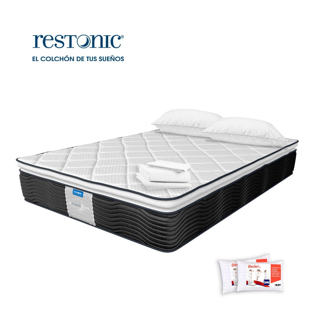 Colchón Mooncare Matrimonial + 1 Protector + 2 Almohadas Std Restonic Premier
