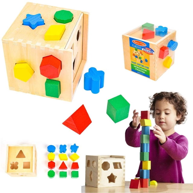cubo de clasificación de formas melissa & doug md-1258822 hecho de madera durable infantil, cubo de madera natural en vista 3/4 con 12 piezas geométricas multicolores fáciles de agarrar (estrella, hexágono, triángulo, cuadrado, círculo y otras) alrededor y sobre el cubo; lados con agujeros coincidentes y tapa con ranuras; incluye empaque y niño pequeño apilando bloques; a menudo usado también como set de apilamiento para juego imaginativo.