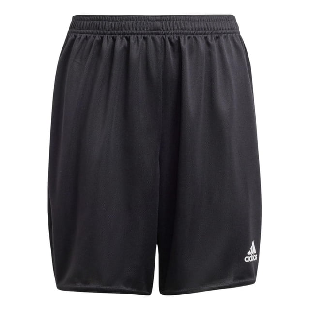 short adidas niños estro 19 negro futbol negro s short infantil adidas, vista frontal centrada de malla negra con cintura elástica fruncida, corte recto por encima de la rodilla y logo adidas blanco en la pierna izquierda; tejido ligero para ventilación y libertad de movimiento, pensado para uso frecuente; también suele usarse como short de entrenamiento informal.