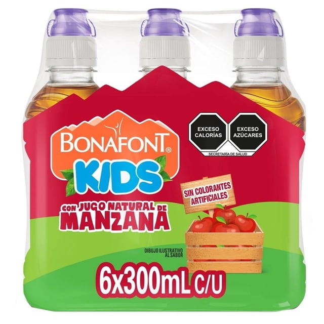 Agua Bonafont Kids con jugo natural de manzana tapa chupón pack 6 botellas 300 ml c/u