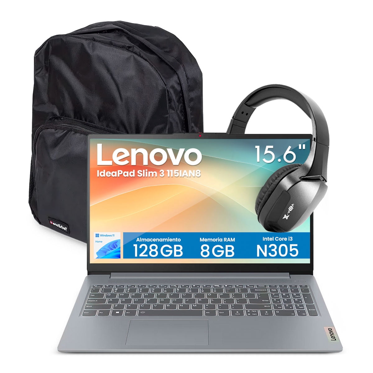 Combo Laptop Lenovo Slim 3i 82XB00C2US Core i3 8GB 128GB 15.6" Gris + Audífonos  Bluetooth  y Mochila