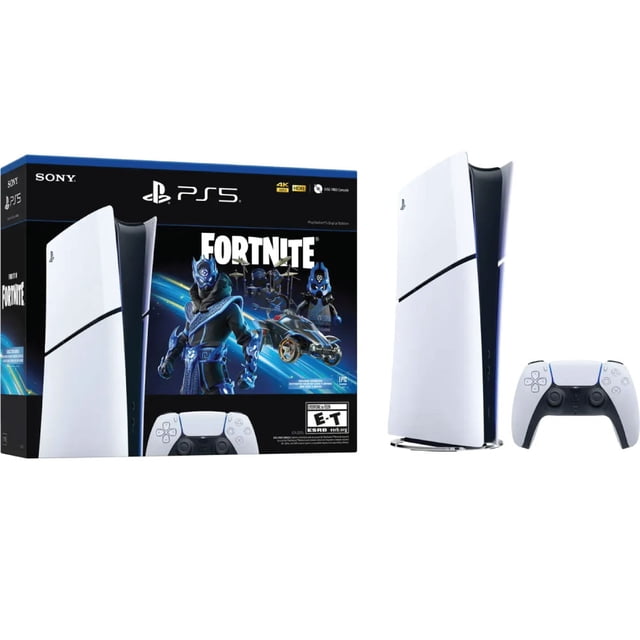 consola play station 5 slim edición fortnite cobalt star Consola PlayStation 5 Slim versión completamente digital blanca, vista vertical y caja de edición Fortnite con arte Cobalt Star; incluye control inalámbrico DualSense blanco y negro, sin unidad de disco, SSD ultrarrápido compatible con 4K y audio 3D. Suelen usarse estuches de viaje para guardar controles y accesorios.