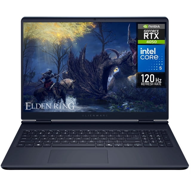 laptop gamer alienware m16 nvidia geforce rtx 4050 core i5 210h 16gb ddr5 ssd 512gb 16" teclado español gaming y multitarea Vista frontal abierta de una Alienware M16 negra con pantalla 16" QHD+ mostrando gameplay y etiquetas visibles de NVIDIA RTX 4050, Intel Core i5 y 120Hz en la esquina superior derecha. Teclado en español retroiluminado blanco y touchpad centrado. También suele usarse para multitarea y streaming.